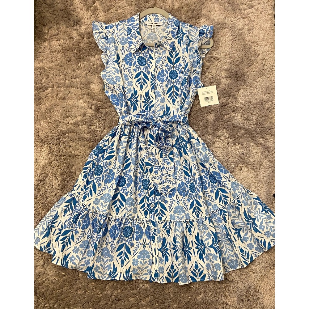 NWT Ellen Tracy Blue Vintage Floral Fit & Flare Dress Cap Sleeve Button Front M - Picture 6 of 16